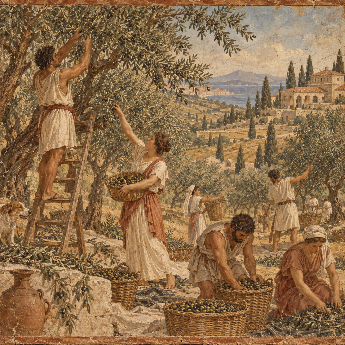 Ancient Mediterranean olive harvesting scene