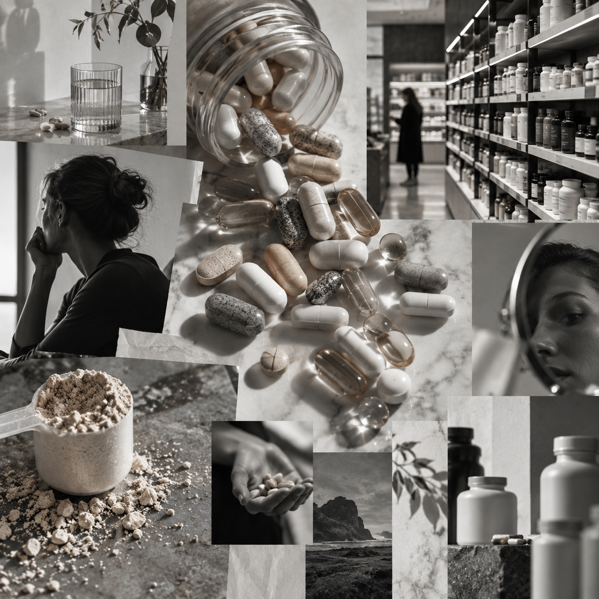 Modern pills and processed health products collage